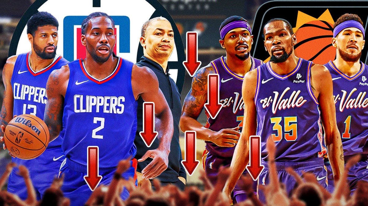 Clippers' Ty Lue, Kawhi Leonard, and Paul George; Suns' Kevin Durant, Devin Booker and Bradley Beal with red down arrows