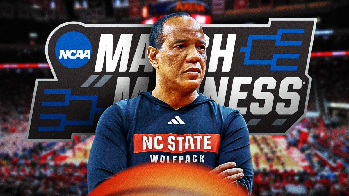 NC State basketball, Wolfpack, Kevin Keatts, Marquette basketball, NC State Marquette, Kevin Keatts with March Madness logo in background