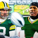 Aaron Rodgers in a Packers jersey next to Tee Higgins in a Packers jersey with a Super Bowl Lombardi trophy between them.