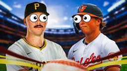 Orioles' Jackson Holliday and Pirates' Paul Skenes with eyes popping out looking at each other.