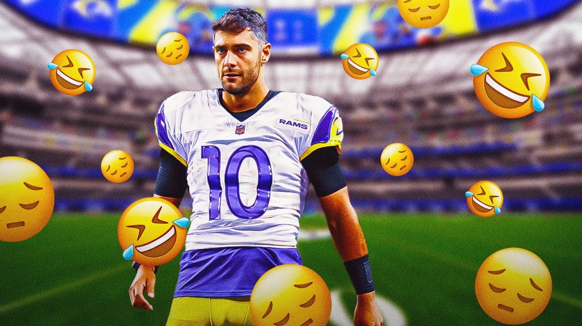 Jimmy Garoppolo in Rams jersey and several happy and angry emojis in the background