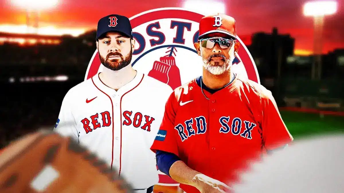 Lucas Giolito and Alex Cora in front of a Red Sox logo at Fenway Park
