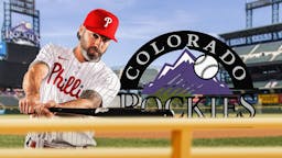 Jake Cave in Philadelphia Phillies jersey, Colorado Rockies logo in the background