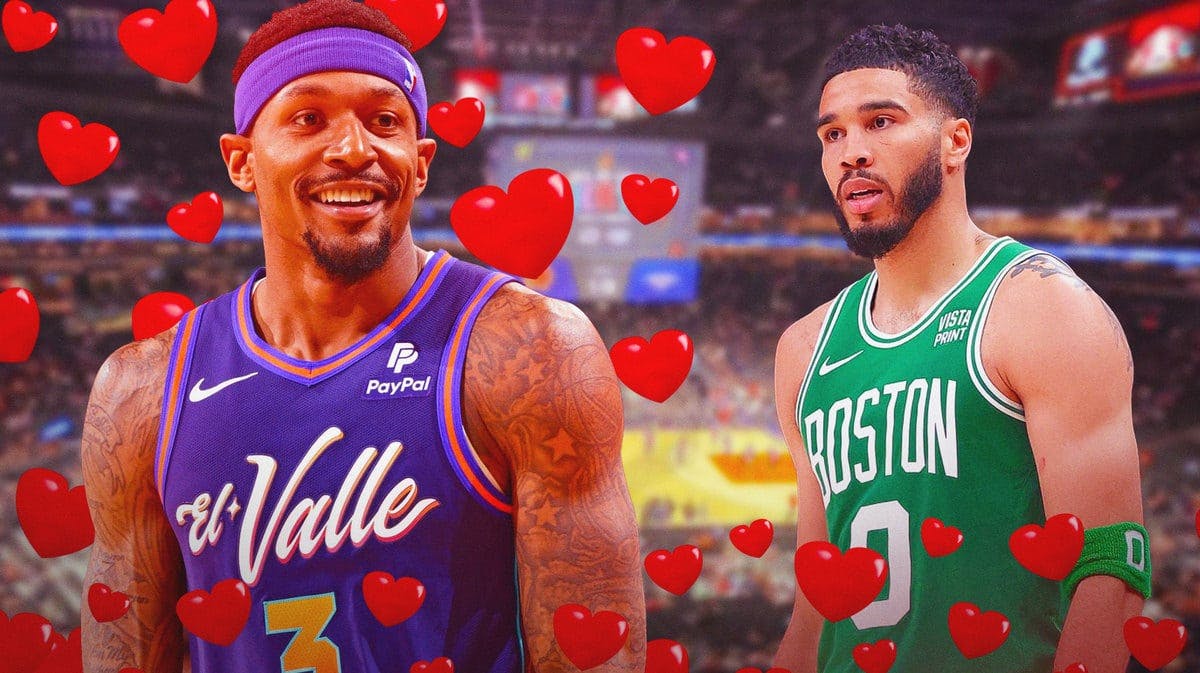 Suns’ Bradley Beal with hearts all over him while smiling at Celtics’ Jayson Tatum