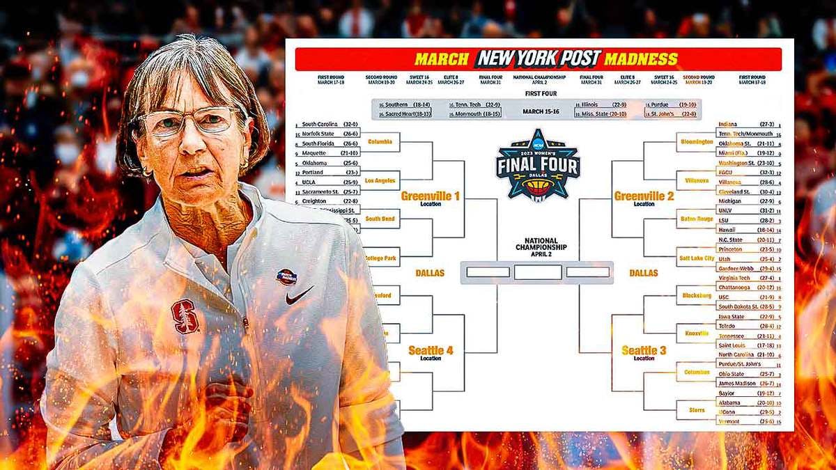Stanford women’s basketball coach Tara VanDerveer, with flames around here, and a “March Madness bracket” behind he
