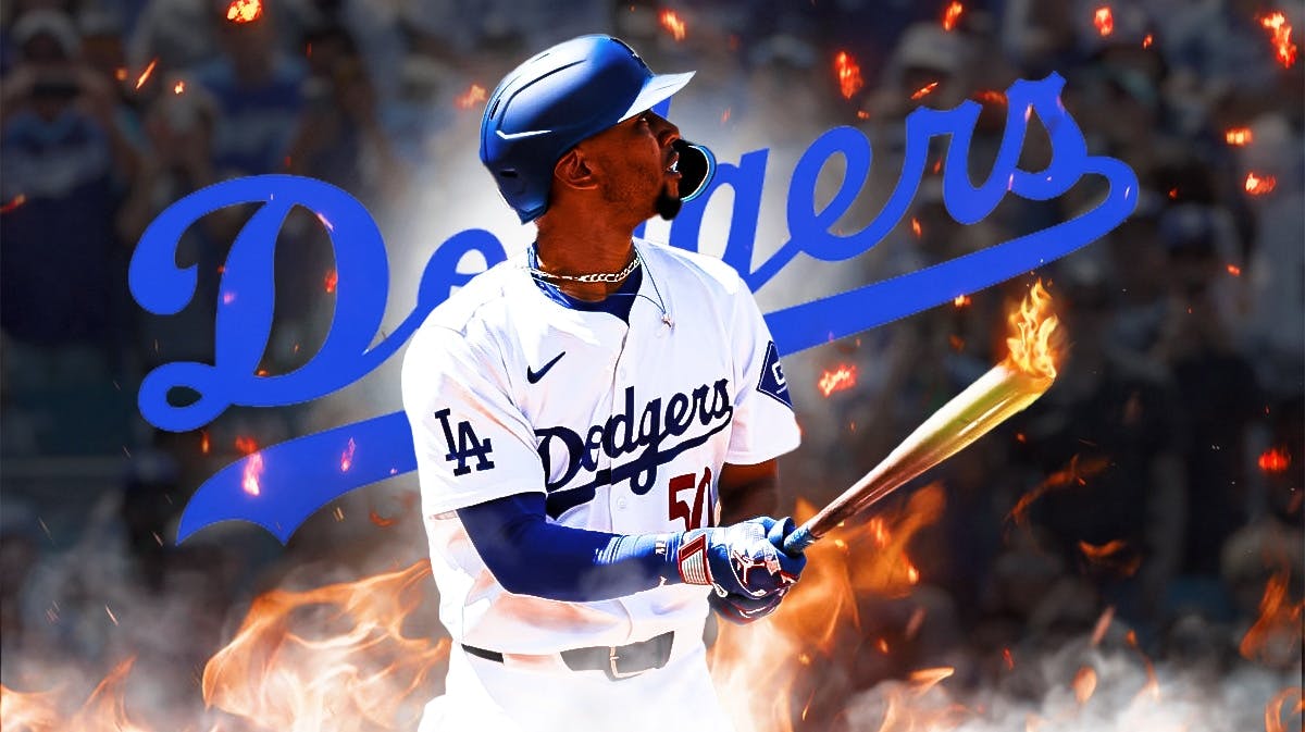 Dodgers Mookie Betts swinging a bat with fire all around him