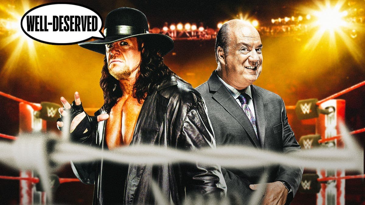 The Undertaker with a text bubble reading “Well-deserved” next to Paul Heyman with the WWE Hall of Fame logo as the background.