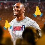 Thunder’s Bismack Biyombo looking serious, with prayer hands emoji beside him