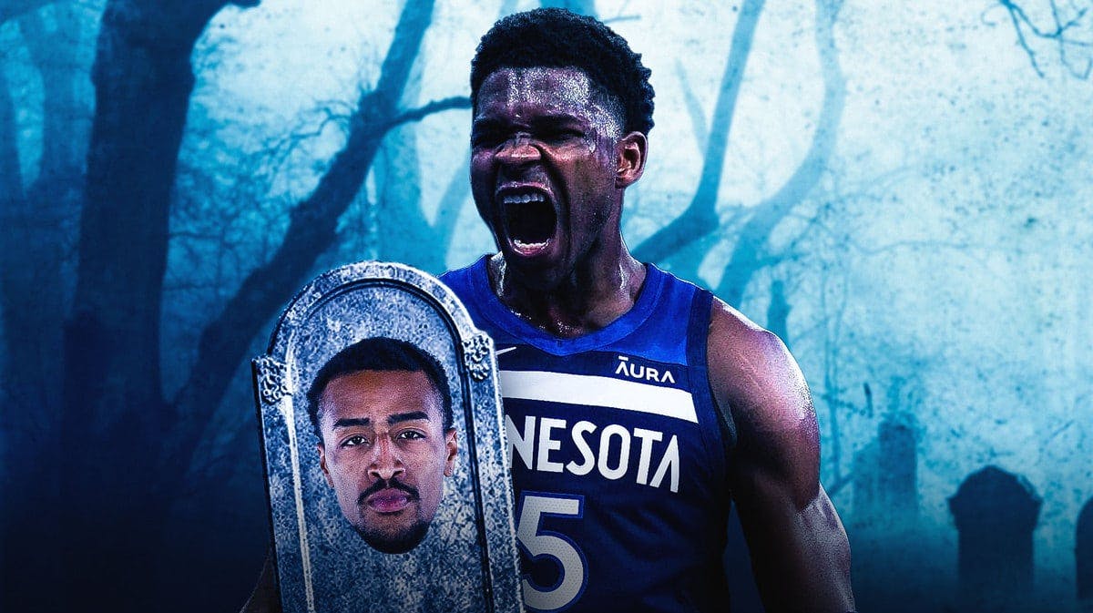 Timberwolves' Anthony Edwards hyped up while holding a tombstone with Jazz’s John Collins' head