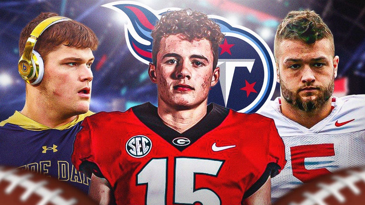 Joe Alt (Notre Dame), Ladd McConkey (georgia), and Cade Stover (Ohio State) all around a Tennessee TItans logo and a 2024 NFL draft background.