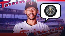 Twins' Carlos Correa with a thought bubble containing image of the AL MVP trophy, with Target Field background