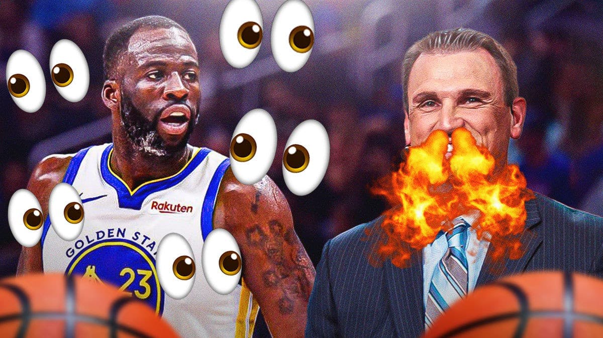 Tim Legler on one side breathing fire, Draymond Green on the other side with the big eyes emoji around him