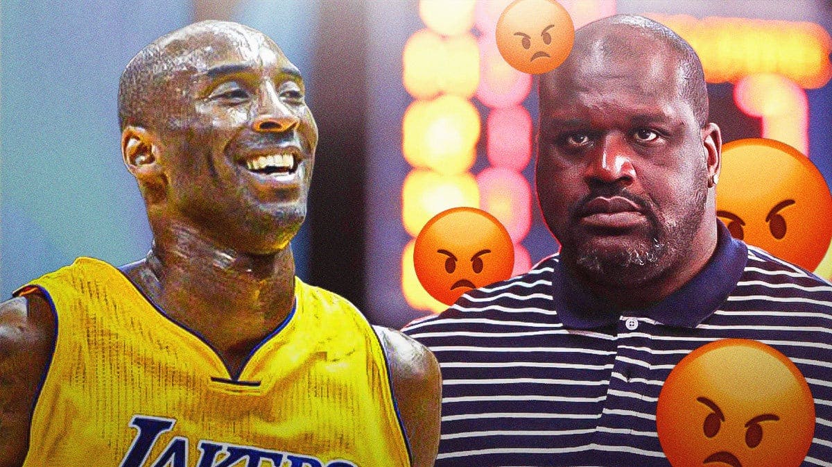 Shaquille O’Neal on one side with a bunch of angry emojis around him, Kobe Bryant on the other side