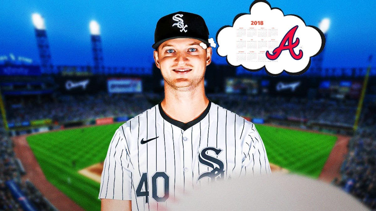 White Sox’s Mike Soroka smiling, with a thought bubble containing a pic of 2018 calendar and Braves logo