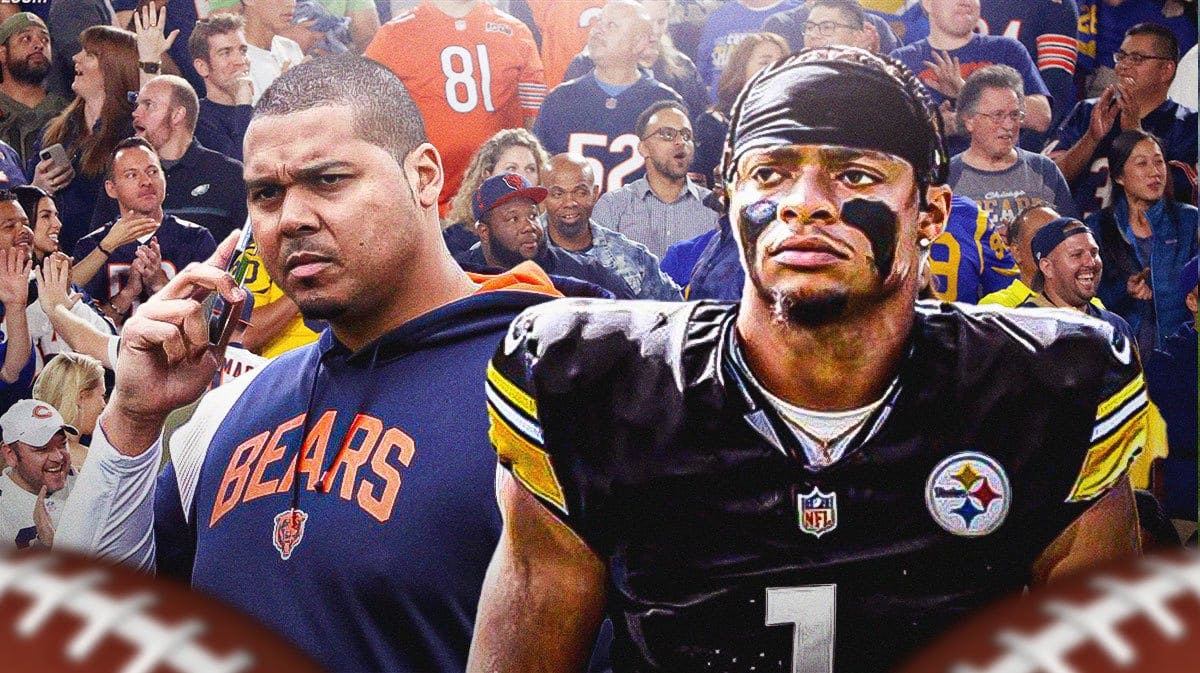 Bears GM Ryan Poles next to Justin Fields in a Steelers uniform after his trade with Bears fans in the background booing