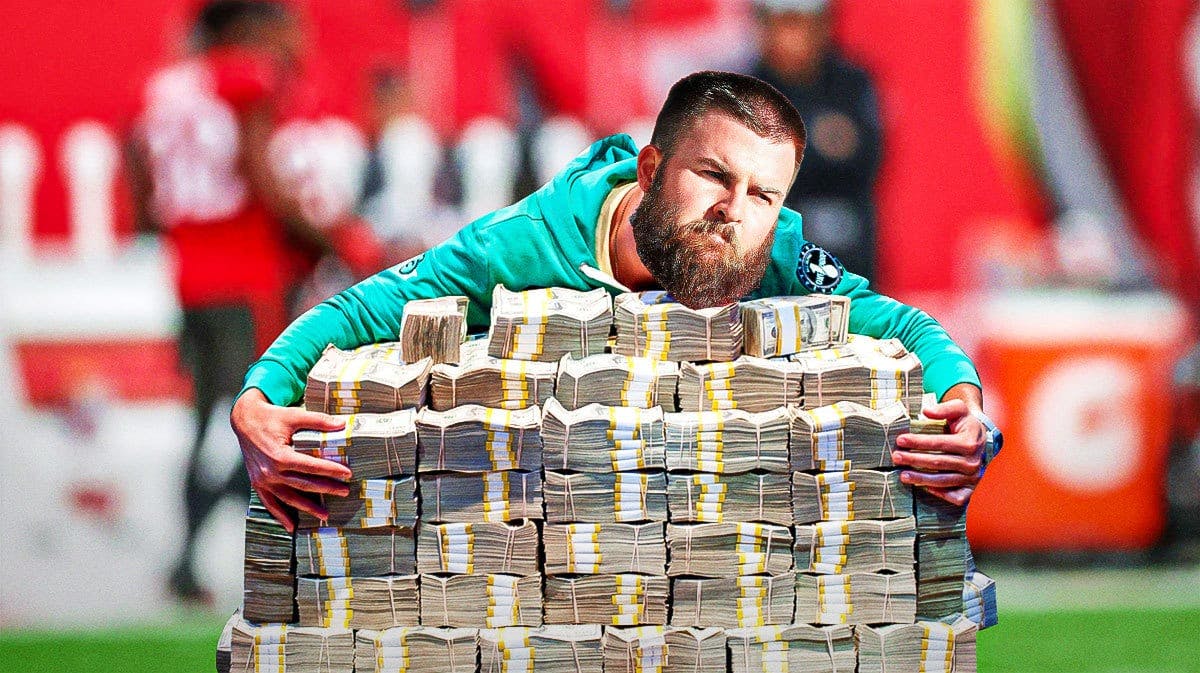 Chase McLaughlin (Buccaneers kicker) as a guy hugging stacks of cash