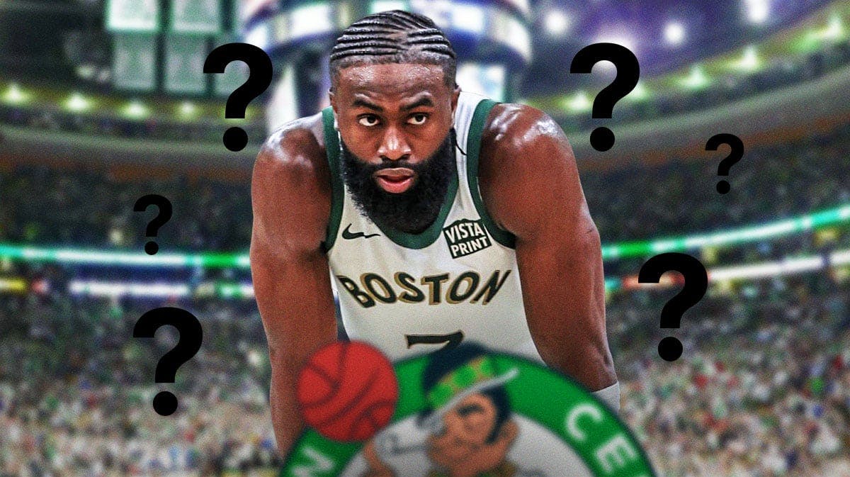 Celtics' Jaylen Brown, with question marks around him.