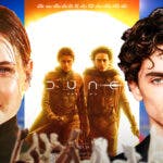 Dune 2 poster and stars Rebecca Ferguson and Timothée Chalamet.