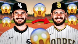 Dylan Cease in a Chicago White Sox uniform on one side with an arrow pointing to Dylan Cease on the other side in a San Diego Padres uniform, a bunch of shocked emojis in the background