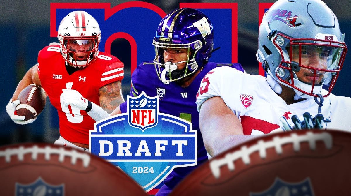 Giants 2024 NFL mock draft targets Rome Odunze (Washington), Jaden Hicks (Washington State), and Braelon Allen (Wisconsin) all in action with a big Giants logo in fornt/middle and a 2024 NFL Draft logo background.