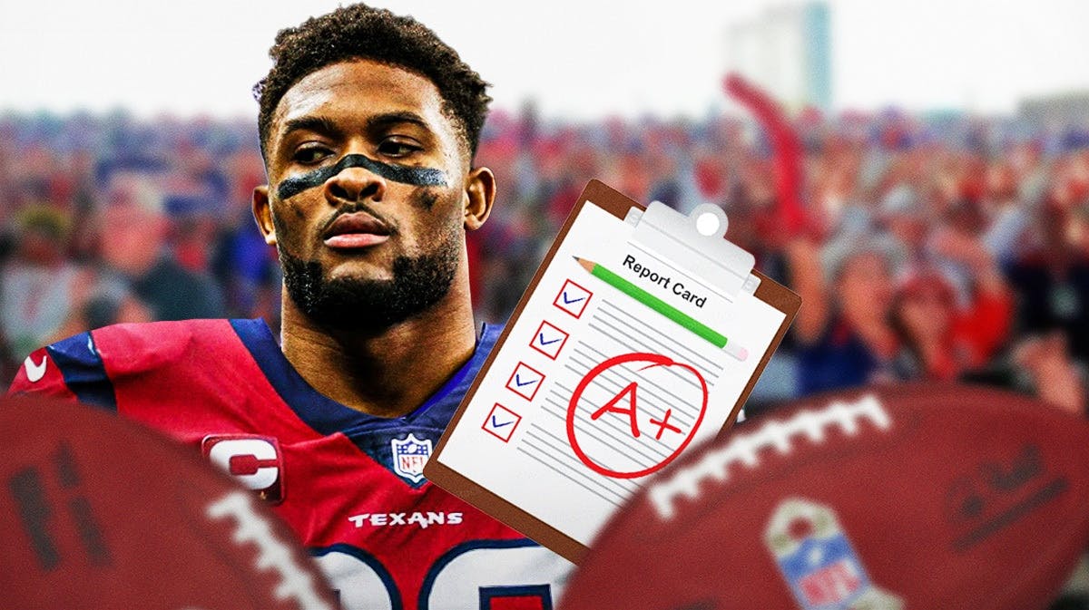 Daneille Hunter in a Texans jersey next to a report card
