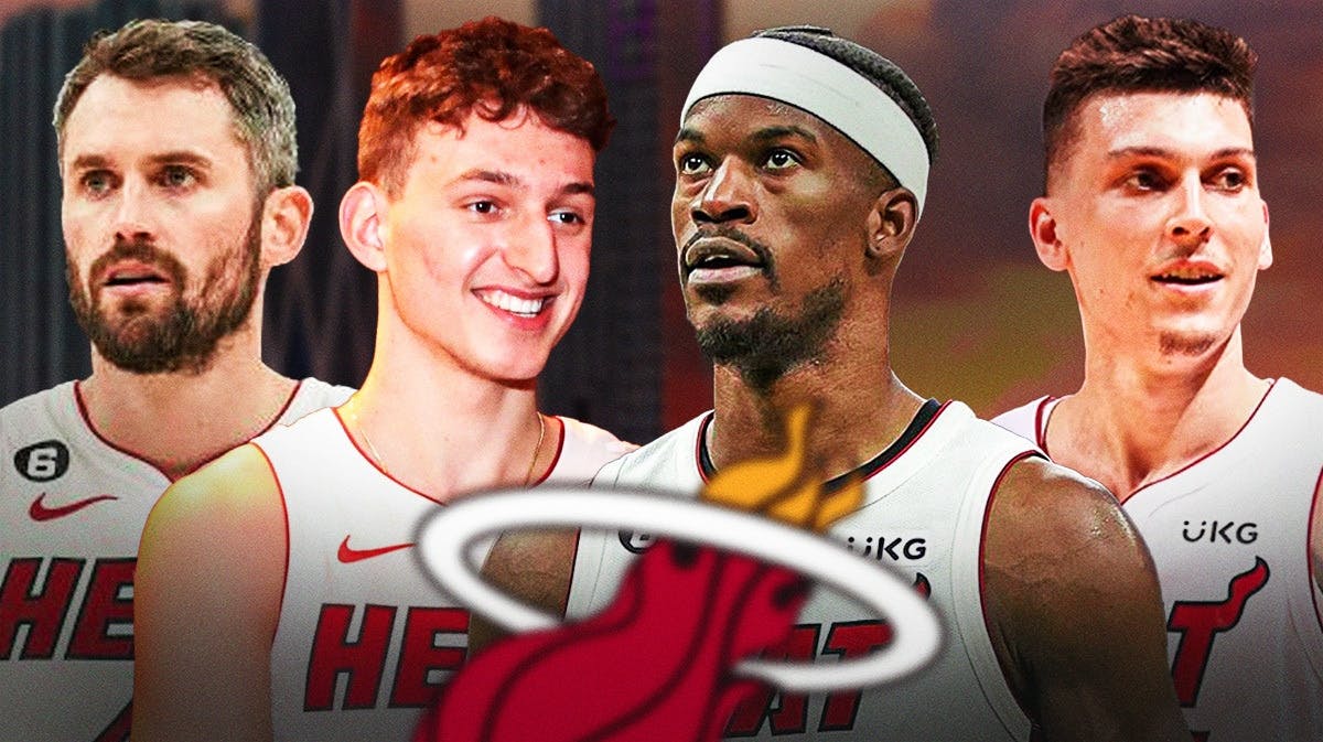 Miami Heat stars Kevin Love, Nikola Jovic, Jimmy Butler, and Tyler Herro in front of the city they represent.