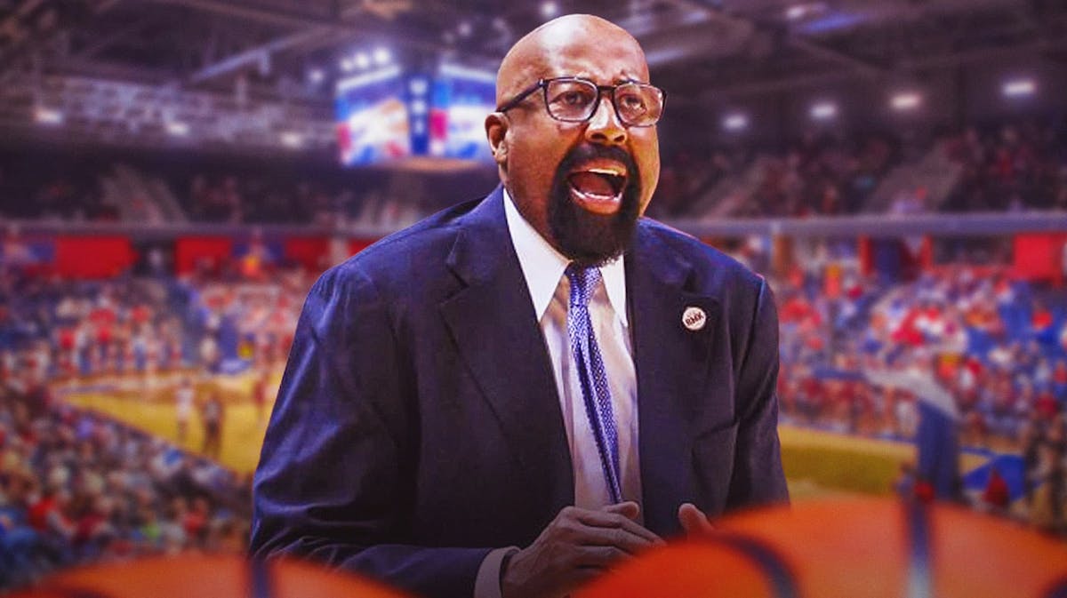 Indiana basketball, Hoosiers, Mike Woodson, Liam McNeeley, Indiana basketball recruiting, Mike Woodson with Indiana basketball arena in the background