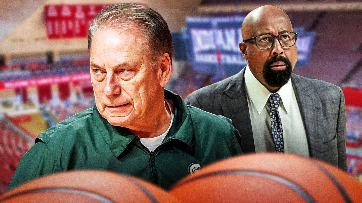 Michigan State head coach Tom Izzo and Indiana basketball head coach Mike Woodson in front of Simon Skjodt Assembly Hall.