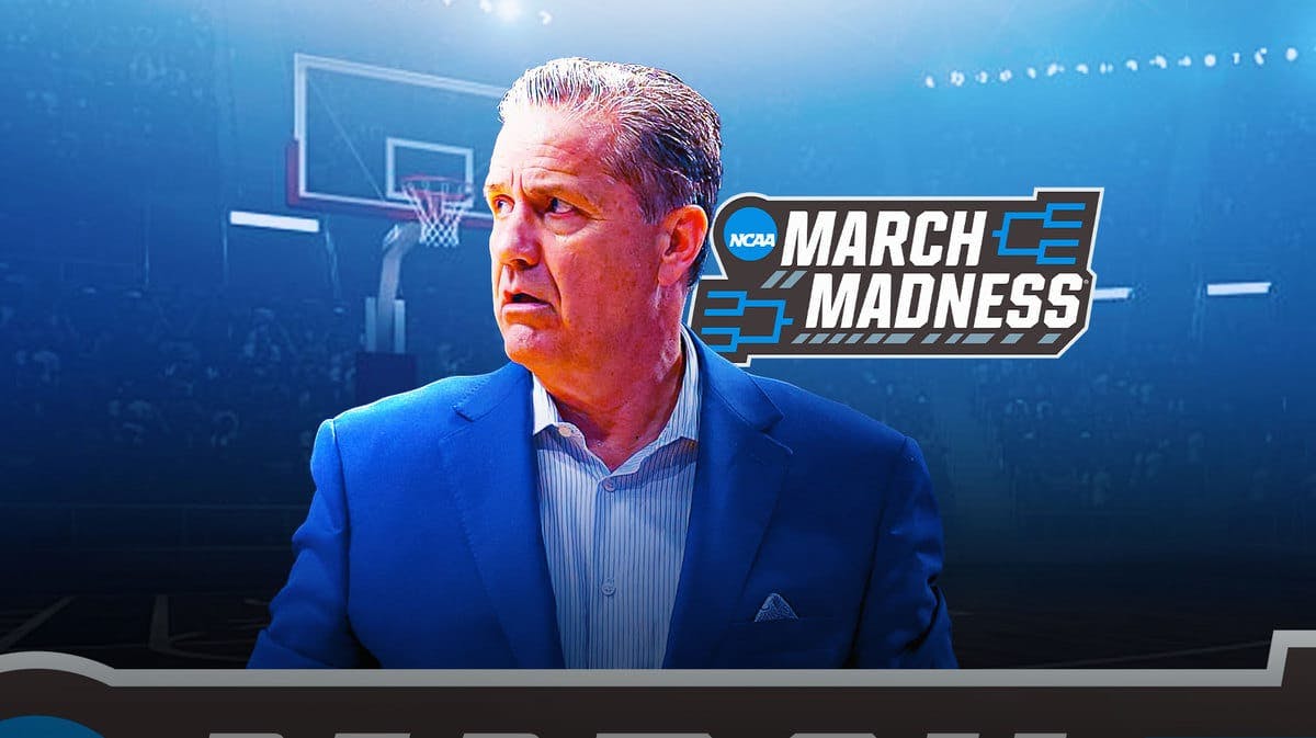 Angry John Calipari with the NCAA Tournament logo in the background.