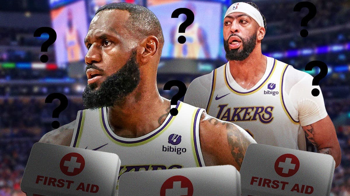 LeBron James and Anthony Davis with an injury kit in front of them and a bunch of question marks in the background