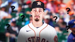 Blake Snell in a Houston Astros jersey with a bunch of question marks in the background