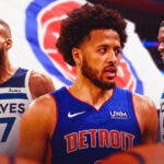 Pistons' Cade Cunningham with Timberwolves' Rudy Gobert and Anthony Edwards