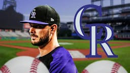 Kris Bryant next to a Rockies logo at Coors Field