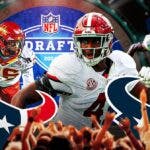 Chris Braswell (Alabama), TJ Tampa (Iowa State), and Trey Benson (Florida State) all in action with a Houston Texans logo in front and an NFL Draft background.