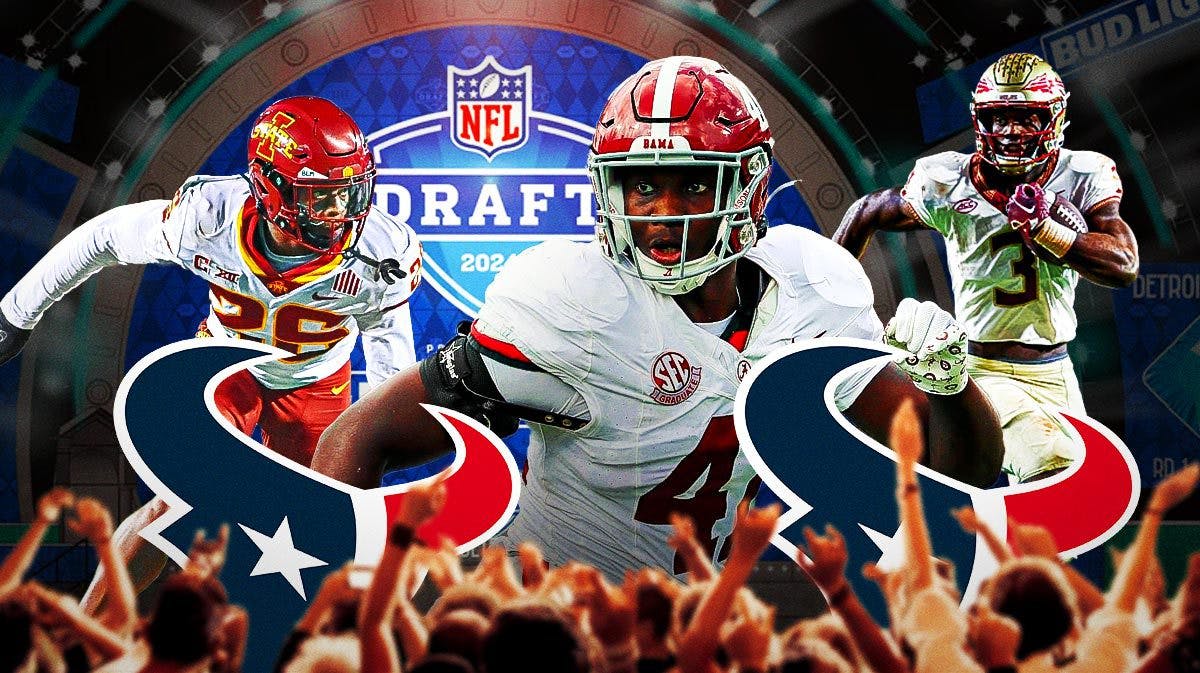 Chris Braswell (Alabama), TJ Tampa (Iowa State), and Trey Benson (Florida State) all in action with a Houston Texans logo in front and an NFL Draft background.