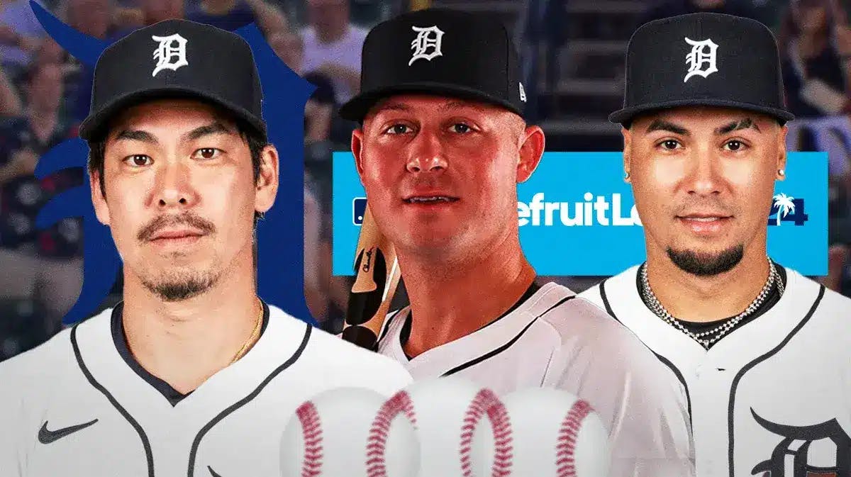 Kenta Maeda, Spencer Torkelson, Javier Biaz all together with Tigers logo in the background and Grapefruit League logo in front.
