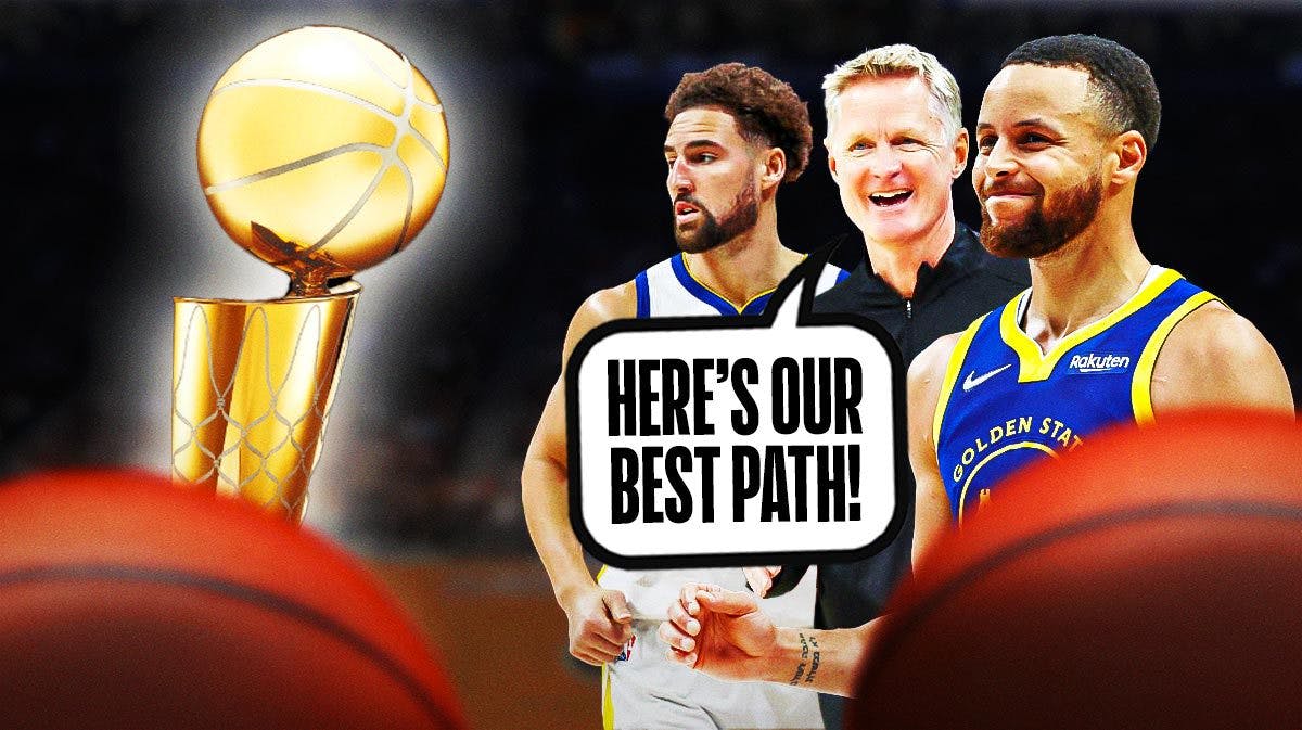 Steve Kerr, Stephen Curry, and Klay Thompson on one side with a speech bubble that says “Here’s our best path!”, the Larry O’Brien trophy on the other side. Warriors playoffs