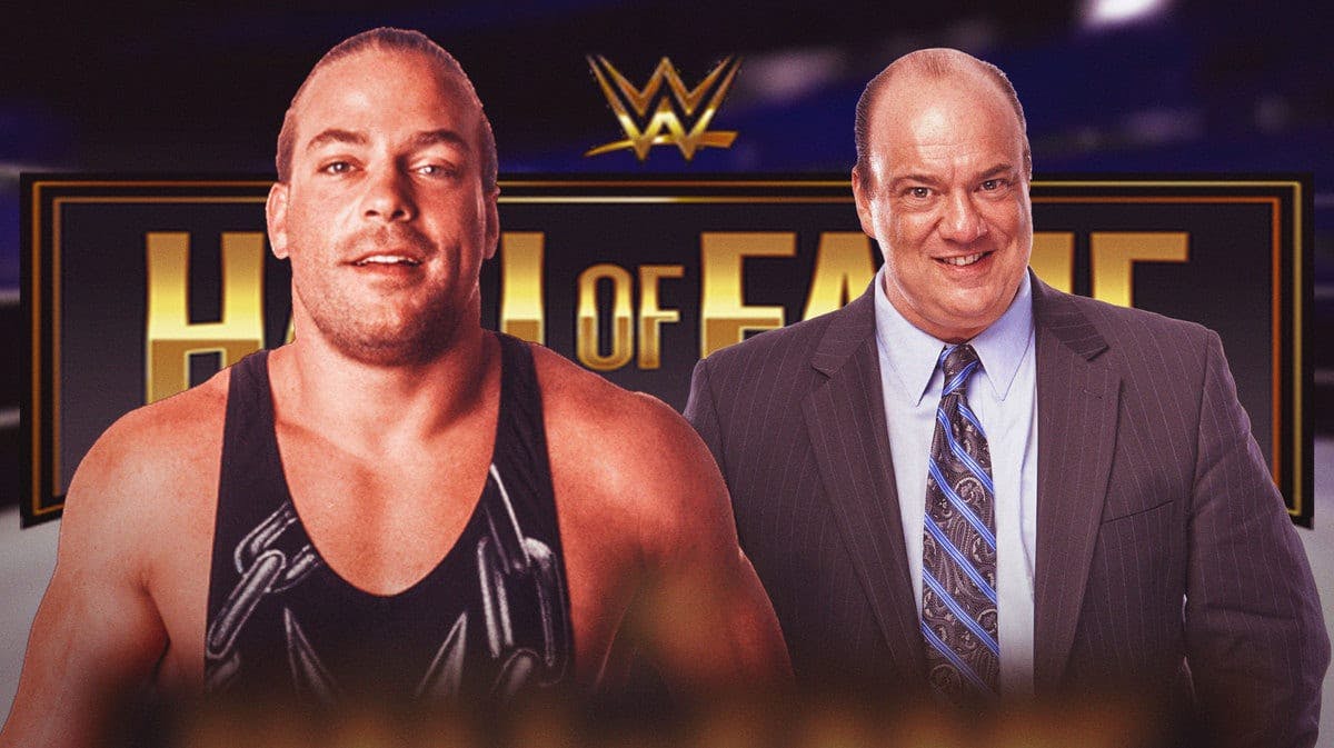 Rob Van Dam next to Paul Heyman with the WWE Hall of Fame logo as the background.