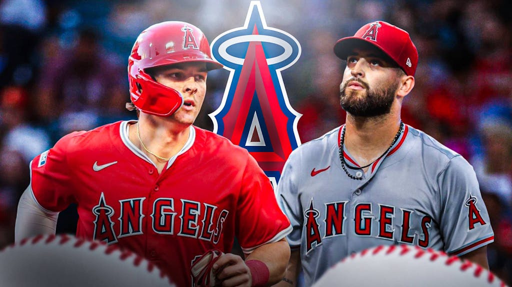 Mickey Moniak and Patrick Sandoval in image looking stern, LA Angels logo, baseball field in background