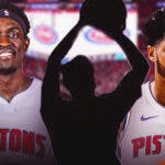 Pascal Siakam and Tobias Harris in Pistons jerseys. In the middle is a silhouette of a player