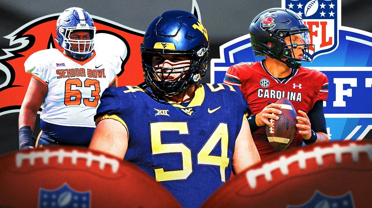 Zach Frazier (West Virginia), Christian Haynes (UConn), Spencer Rattler (South Carolina) in action around a Buccaneers logo and a 2024 NFL Draft background.
