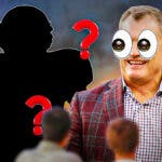 San Francisco 49ers general manager John Lynch with eyeball emoji over his eyes looking at a silhouette of an American football player with a big question mark inside it.