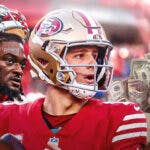 San Francisco 49ers stars Brock Purdy and Brandon Aiyuk looking at a large sack of money