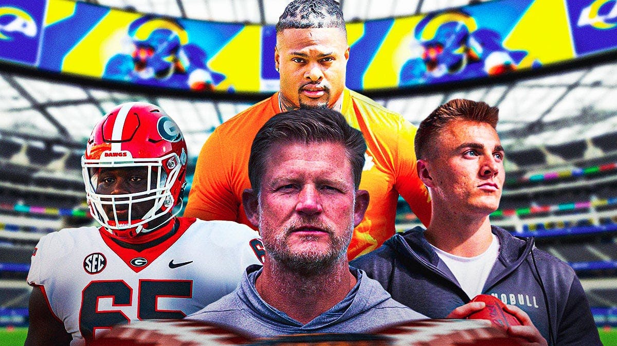 GM Les Snead in the middle, Amarius Mims, Bo Nix, Xavier Thomas around him, and Los Angeles Rams wallpaper in the background
