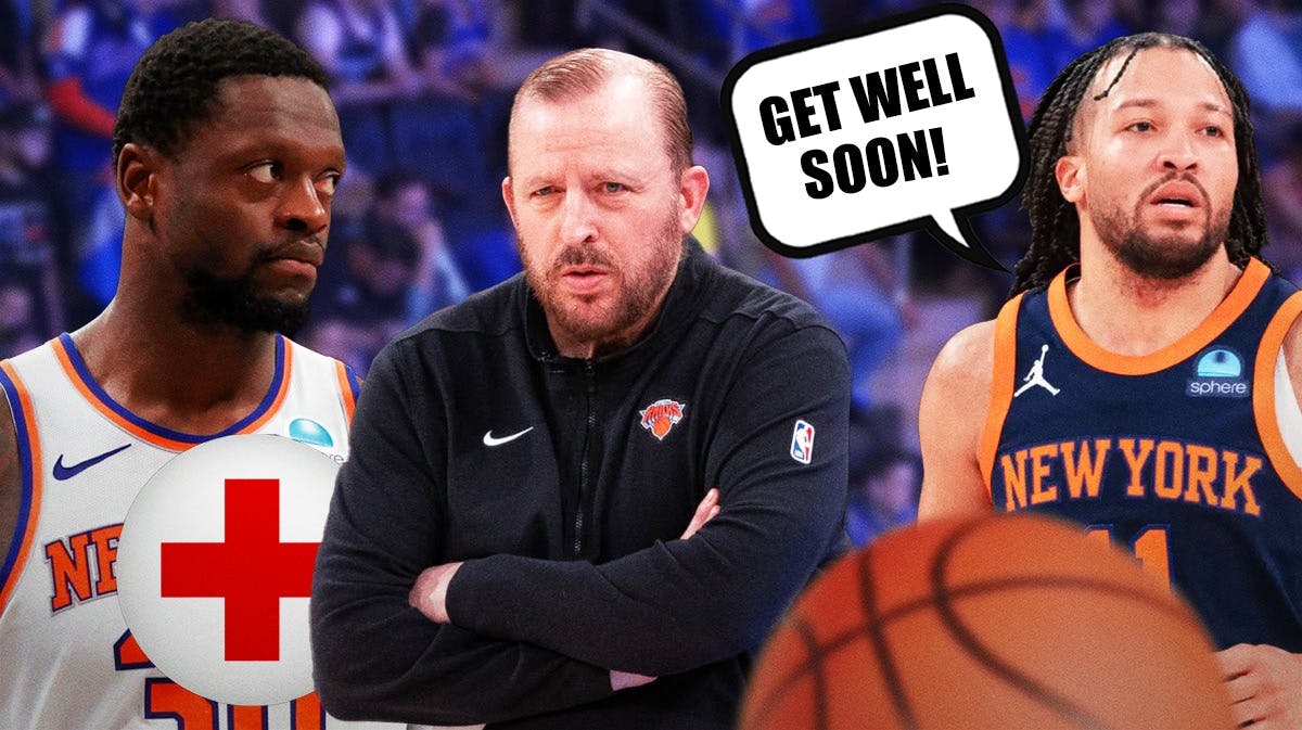 Knicks' Jalen Brunson telling Julius Randle "Get well soon" next to Tom Thibodeau
