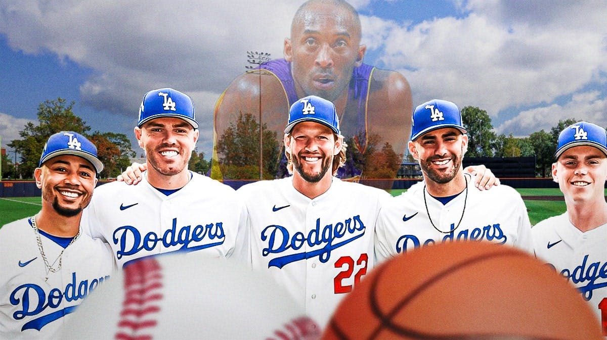 Dodgers players smiling with the ghost of Kobe Bryant in the background.