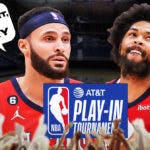 Pelicans Larry Nance Jr. telling Brandon Ingram "confident, not cocky" with the NBA Play-In Tournament logo included.