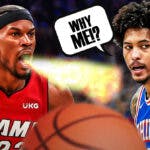 Jimmy Butler on one side breathing fire, Kelly Oubre Jr. on the other side with a speech bubble that says "Why me!?"