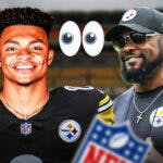 Justin Fields in a Pittsburgh Steelers uniform on one side, Mike Tomlin on the other side, a bunch of the big eyes emojis in the background