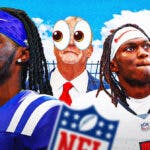 Marvin Harrison Jr. in an Indianapolis Colts jersey, in a Arizona Cardinals jersey, Jim Irsay with big bulging cartoon eyes